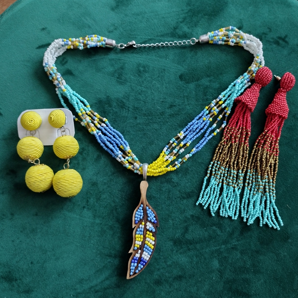 Boho Style Beaded Fringe Multicolor Necklace And Stud Earrings Set